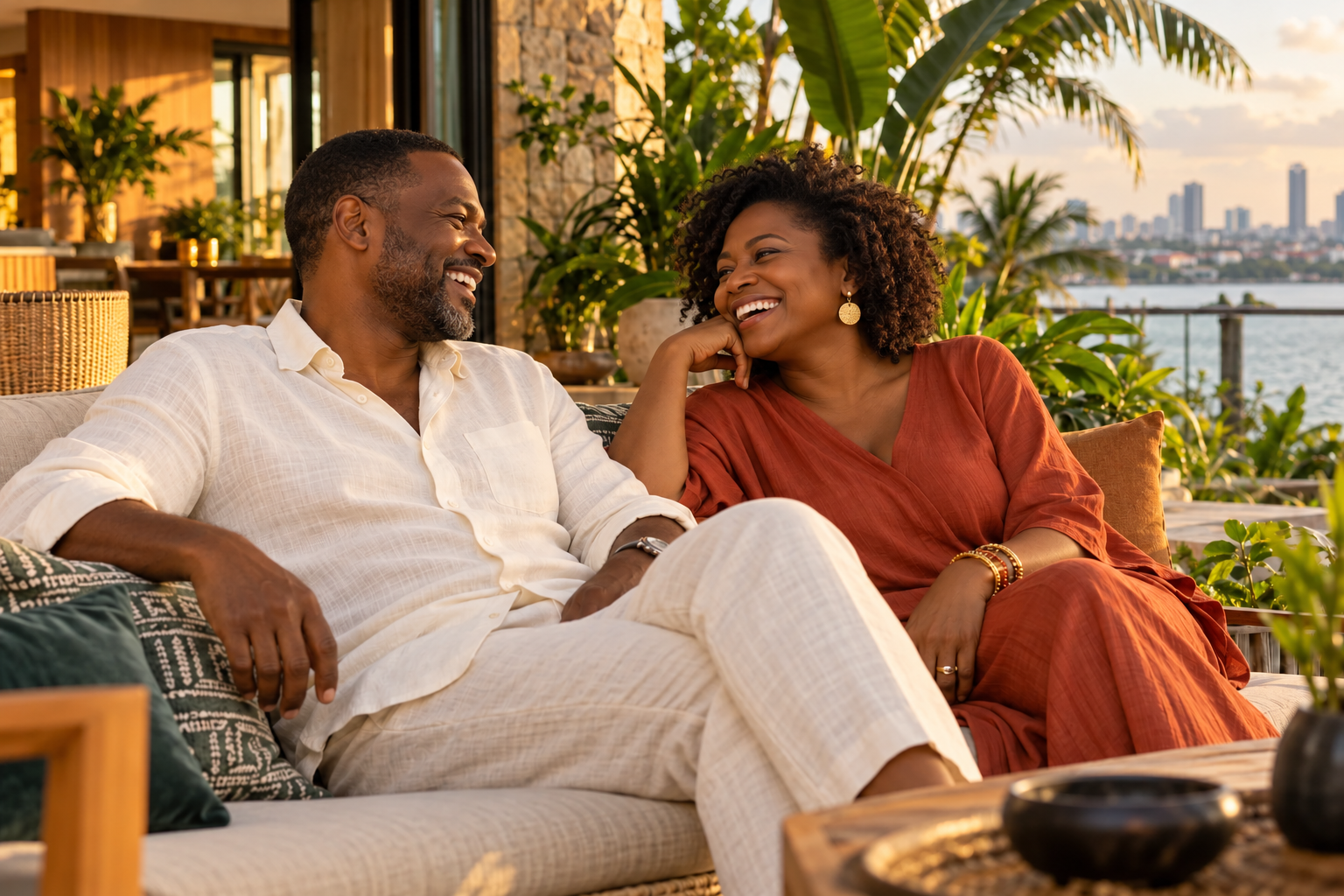 A Nigerian couple in their forties enjoying a joyful moment together