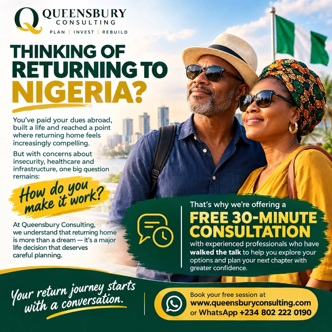 Thinking of returning to Nigeria? Queensbury Consulting free 30-minute consultation flyer